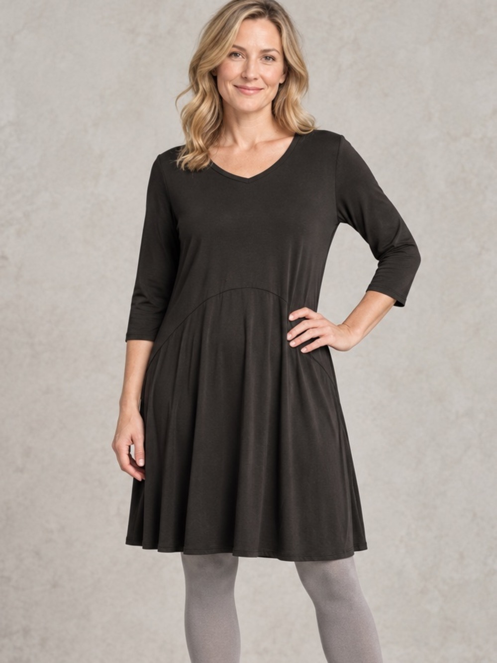 NWT DKR & Co Black Modal Blend A-Line Midi Dress 3/4 Sleeve, Large